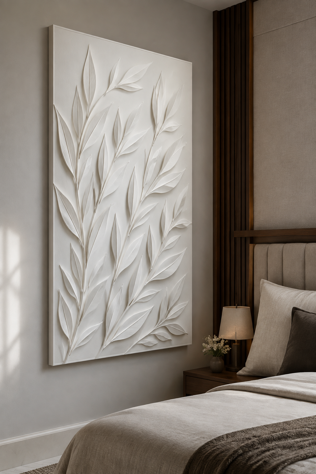Laurel Branch Drift satin white Corian wall panel, left view in the calm Malabar Hill master bedroom