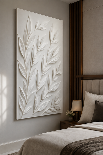 Laurel Branch Drift satin white Corian wall panel, left view in the calm Malabar Hill master bedroom