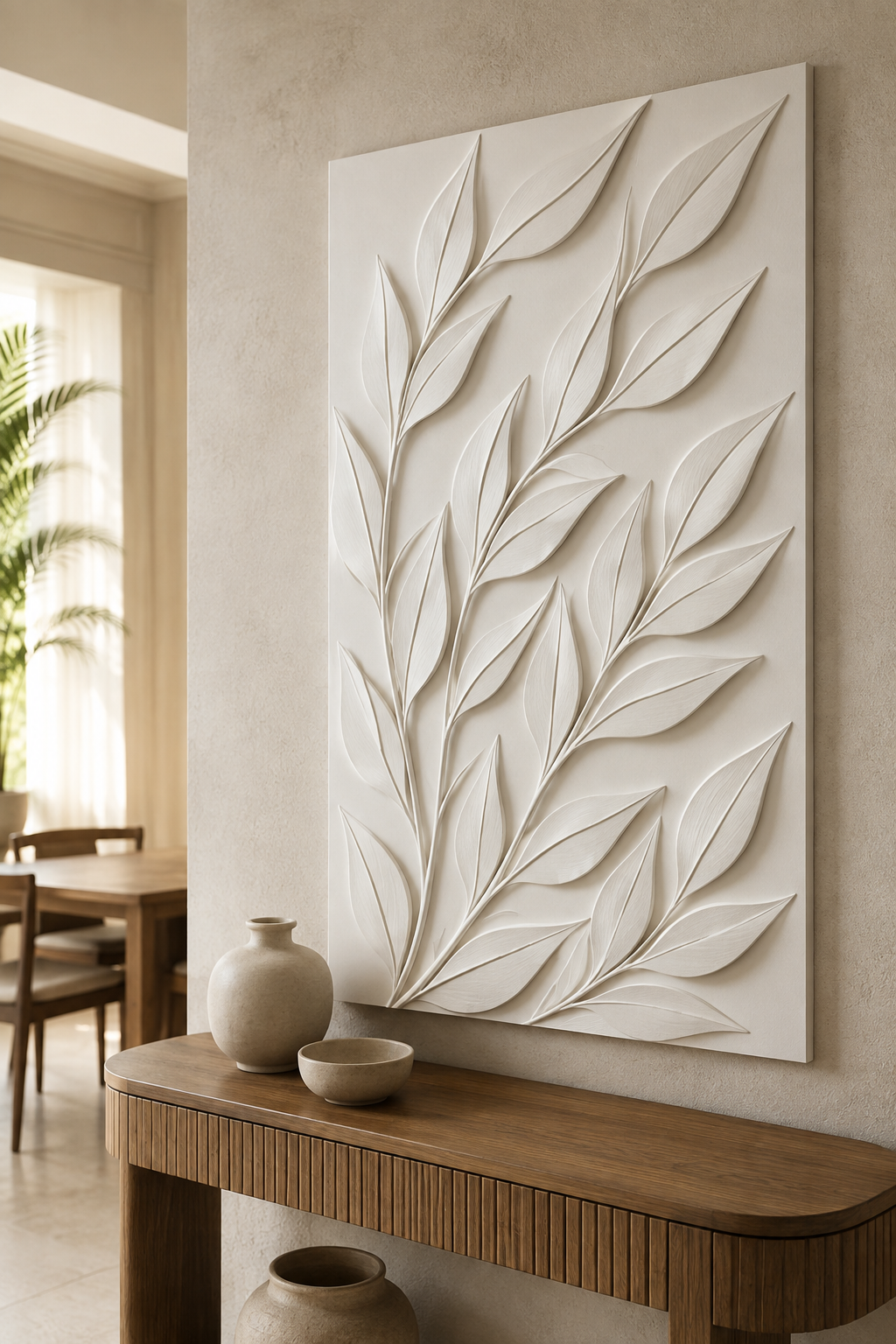 Laurel Branch Drift satin white Corian wall panel, right view in the sunlit Juhu dining passage