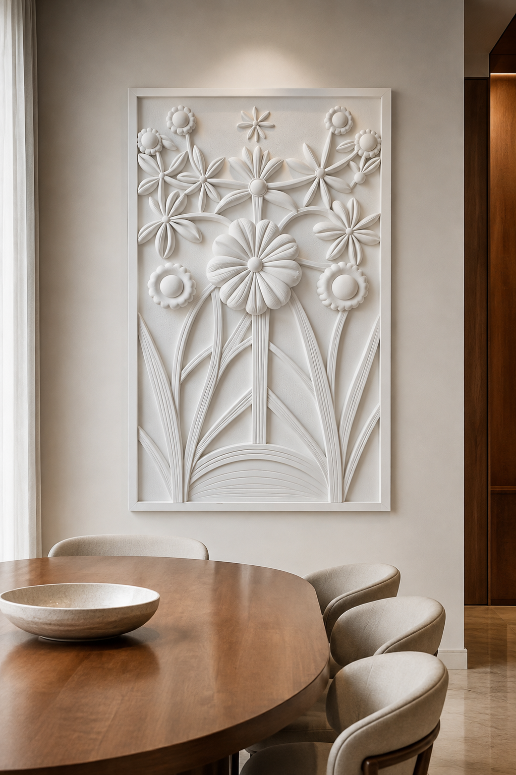 Daisy Meadow Frame satin white Corian wall panel, front view in the polished Powai dining room