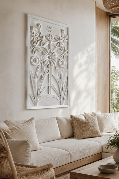 Daisy Meadow Frame satin white Corian wall panel, left view in the relaxed luxury Juhu family lounge