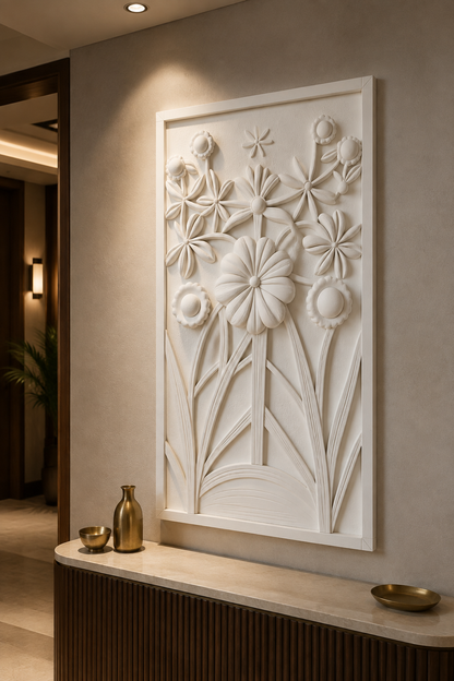 Daisy Meadow Frame satin white Corian wall panel, right view in the elegant Peddar Road entrance foyer