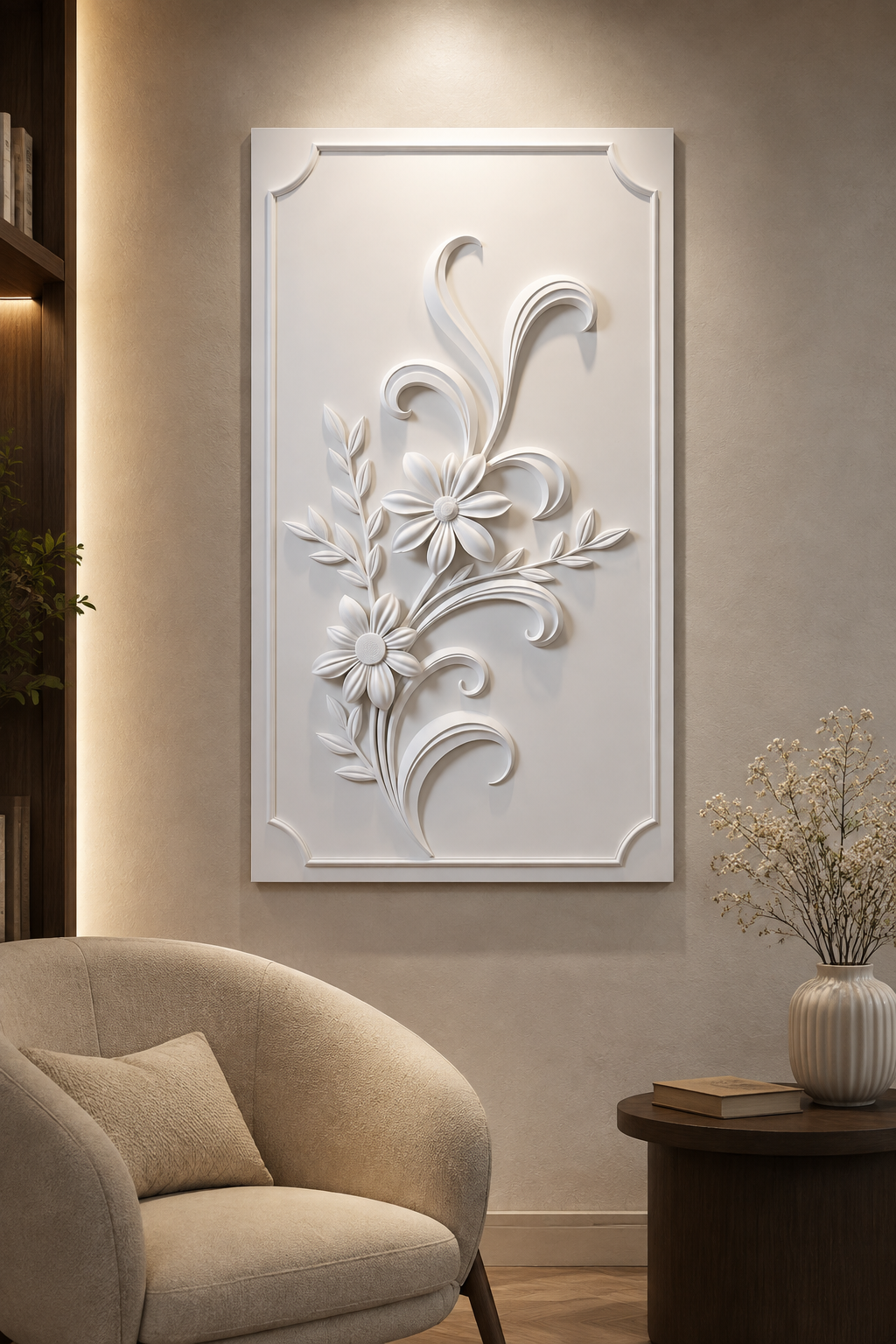 Fleur Scroll Ascent satin white Corian wall panel, front view in the refined Khar reading lounge