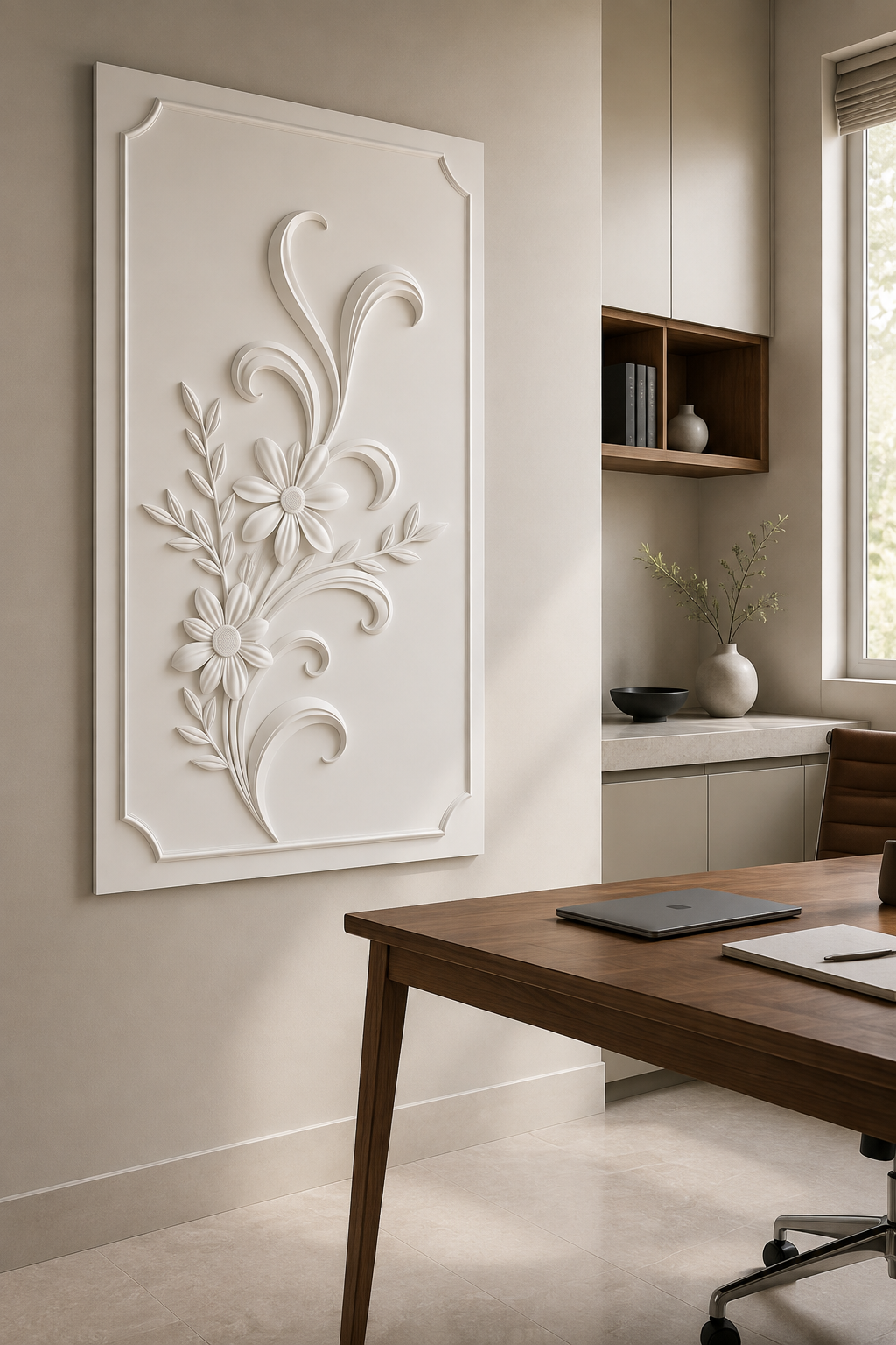 Fleur Scroll Ascent satin white Corian wall panel, left view in the minimalist BKC home office
