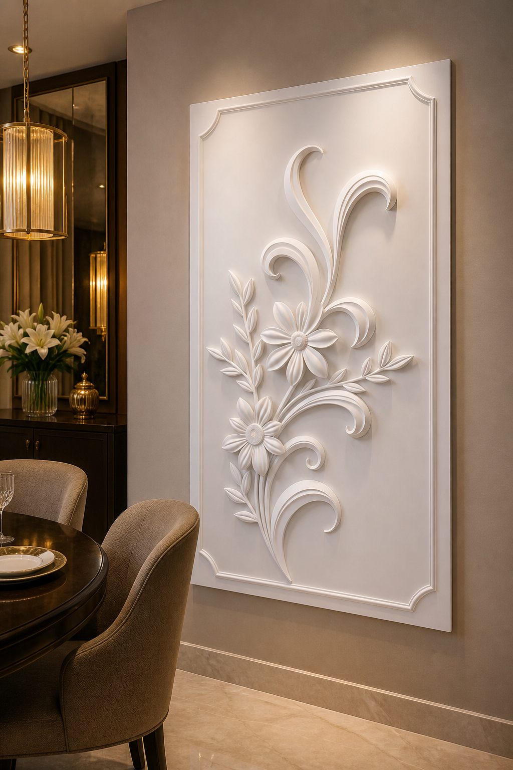 Fleur Scroll Ascent satin white Corian wall panel, right view in the sophisticated South Mumbai dining niche