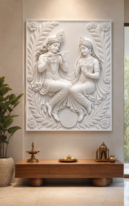 Radha Krishna Garden Serenade satin white Corian wall panel, front view in the serene luxury Juhu family prayer lounge
