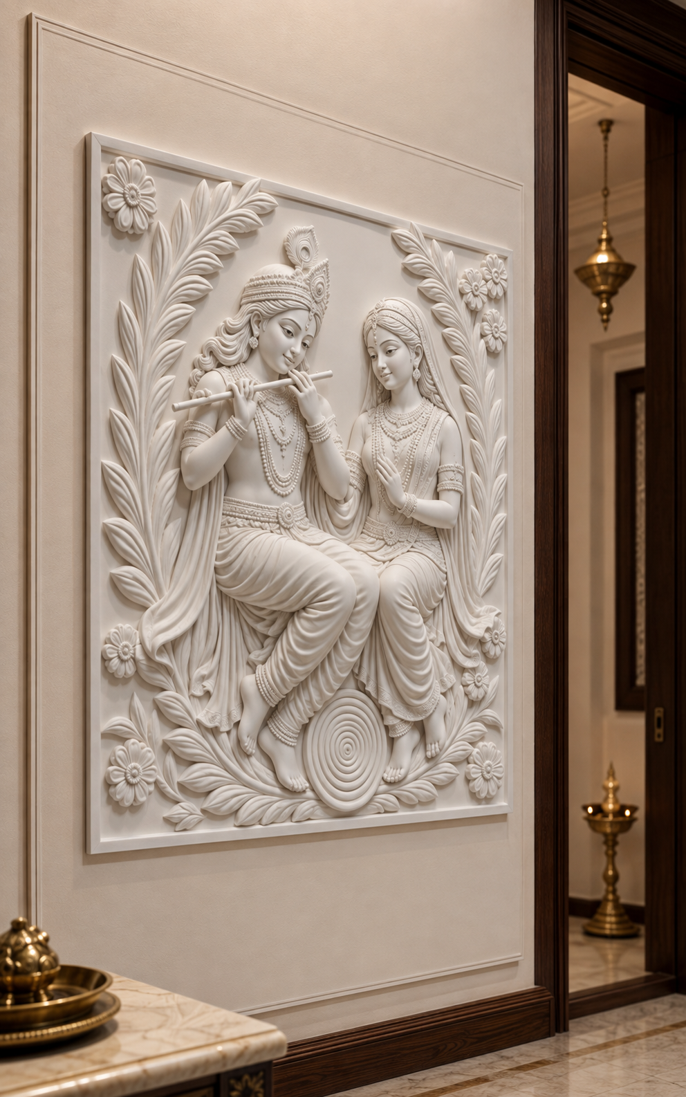 Radha Krishna Garden Serenade satin white Corian wall panel, left view in the refined South Mumbai pooja-room anteroom