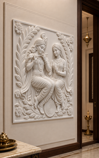 Radha Krishna Garden Serenade satin white Corian wall panel, left view in the refined South Mumbai pooja-room anteroom