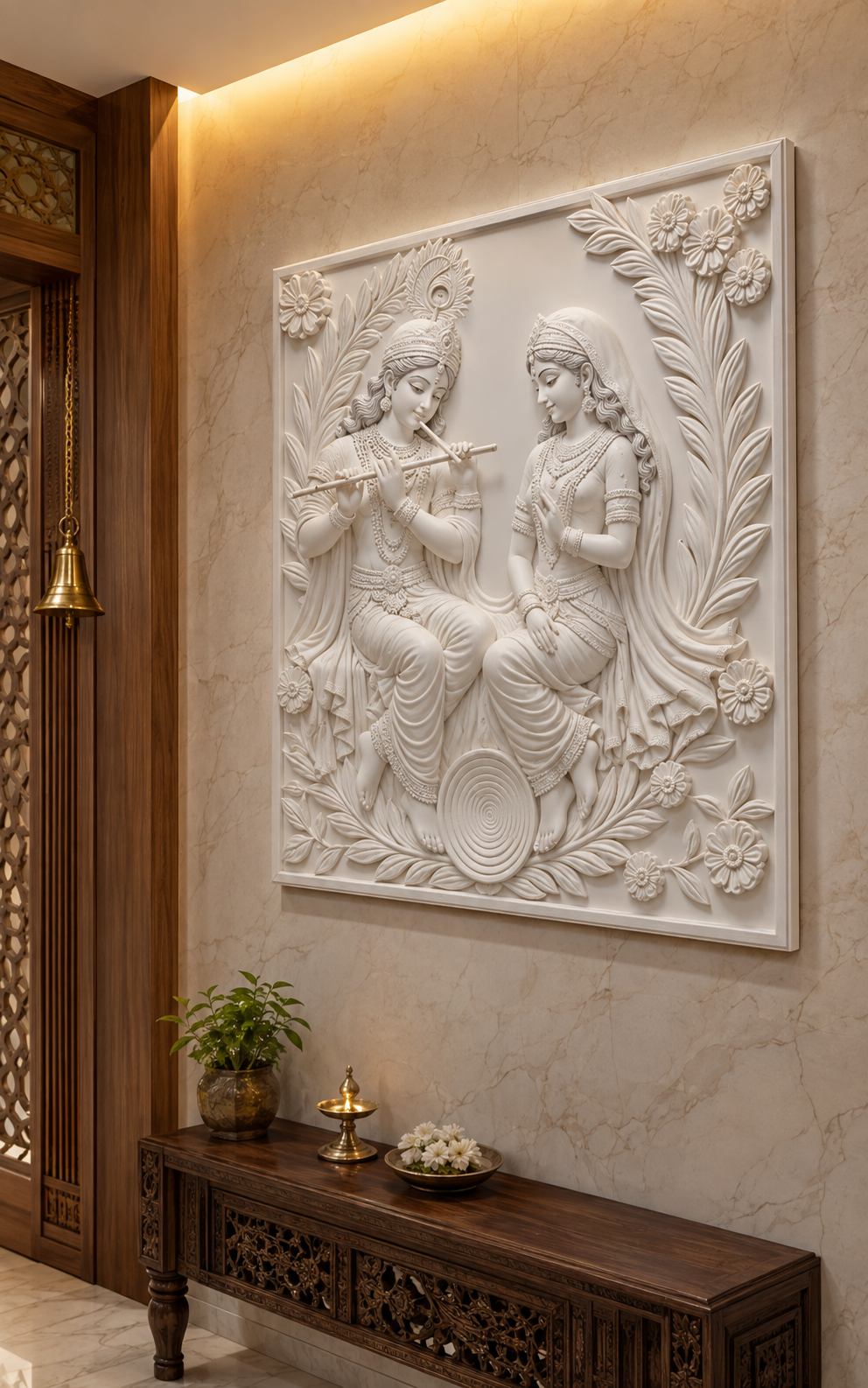Radha Krishna Garden Serenade satin white Corian wall panel, right view in the elegant Ghatkopar family prayer foyer