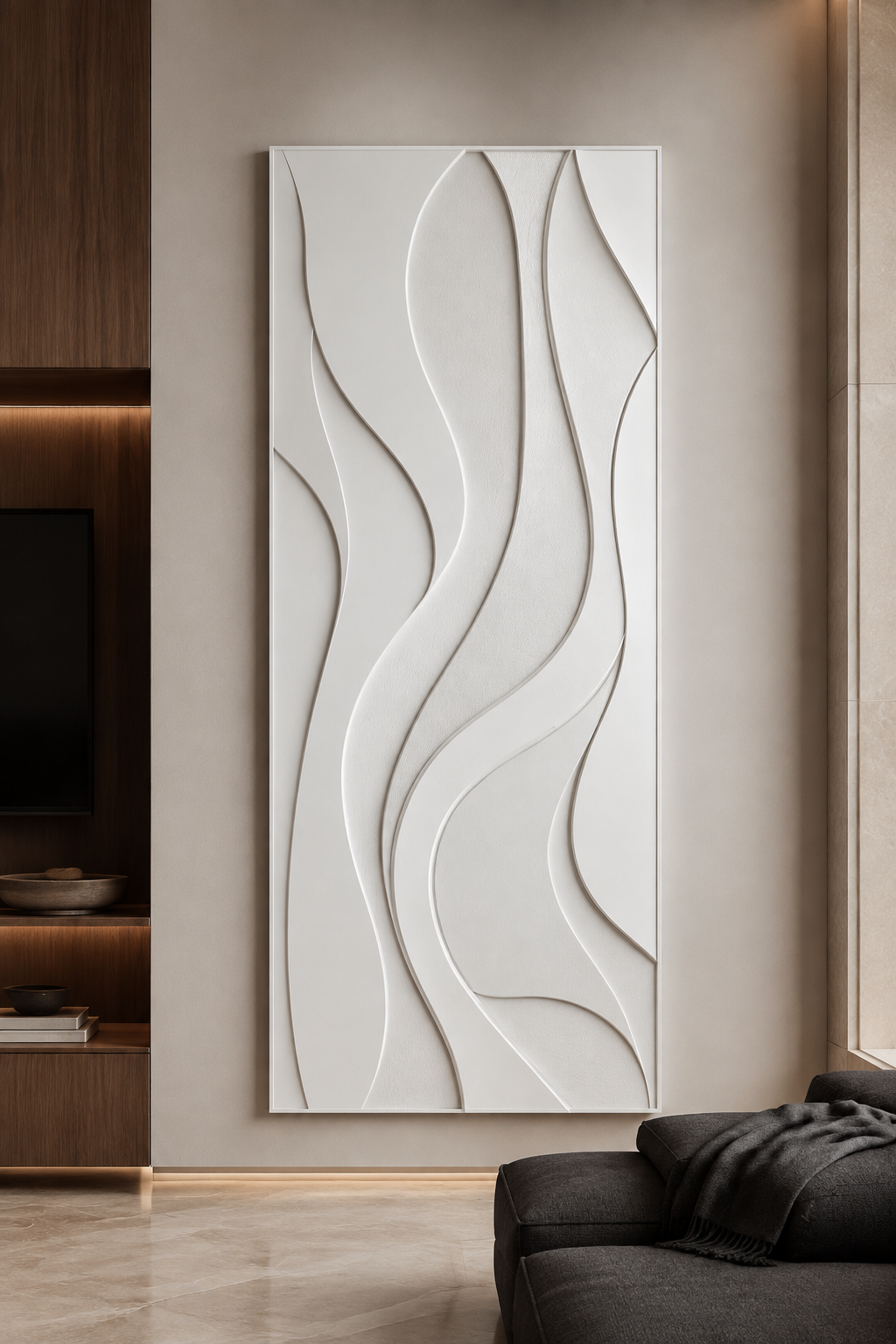 Layered Ribbon Sway satin white Corian wall panel, front view in the contemporary Worli media lounge
