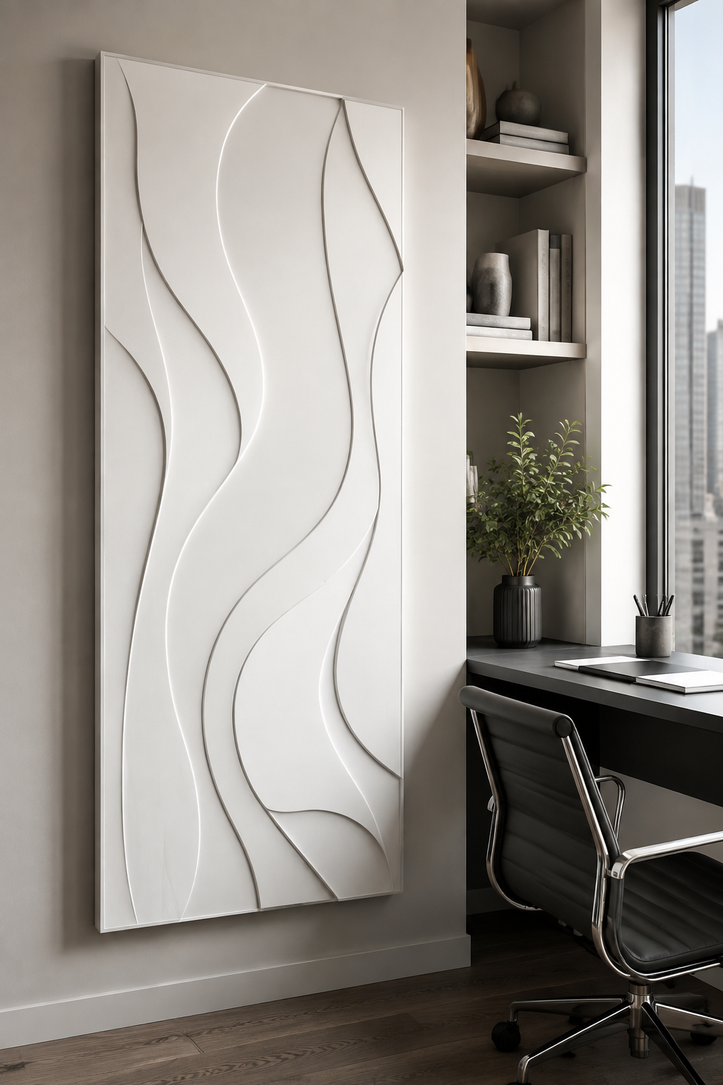 Layered Ribbon Sway satin white Corian wall panel, left view in the modern Lower Parel home office