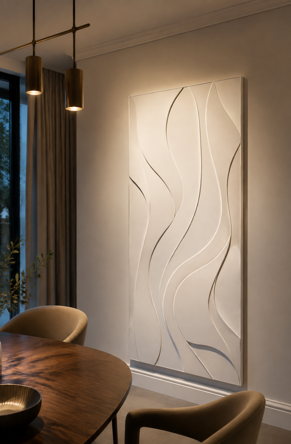Layered Ribbon Sway satin white Corian wall panel, right view in the refined Bandra dining room