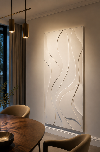 Layered Ribbon Sway satin white Corian wall panel, right view in the refined Bandra dining room