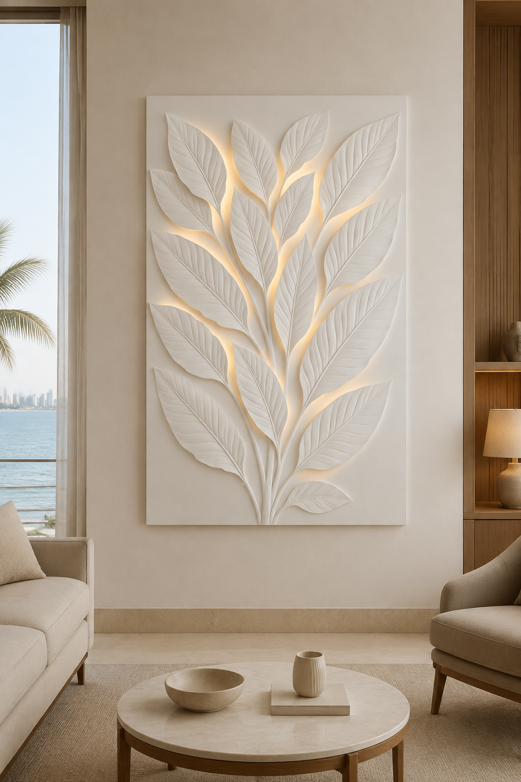 Illuminated Leaf Canopy satin white Corian wall panel, front view in a refined luxury Mumbai sea-view living room