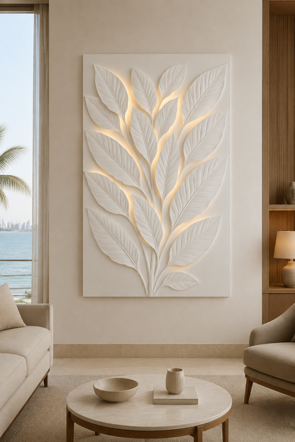 Illuminated Leaf Canopy satin white Corian wall panel, front view in a refined luxury Mumbai sea-view living room