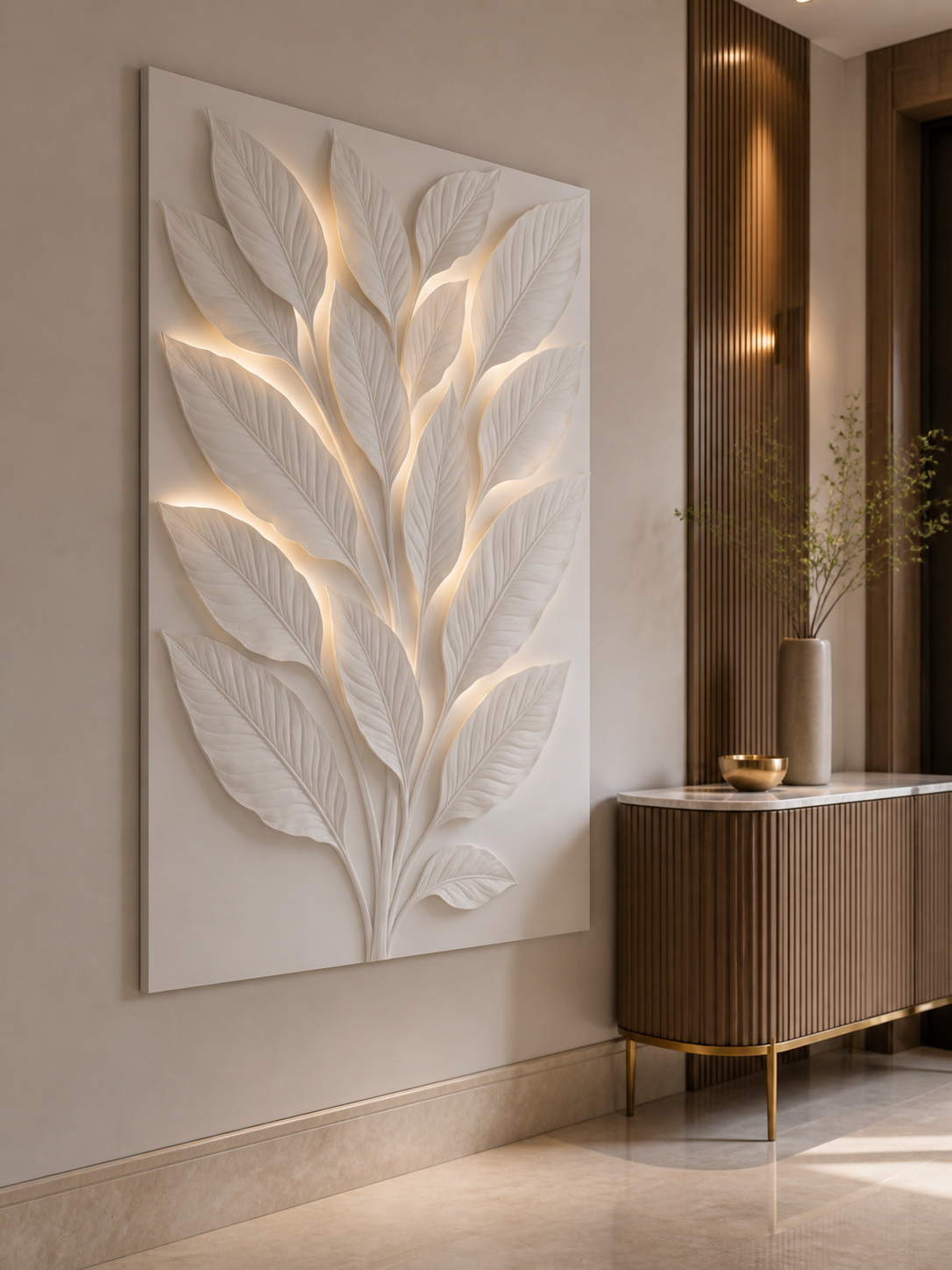 Illuminated Leaf Canopy satin white Corian wall panel, left view in an elegant luxury Mumbai apartment entrance foyer