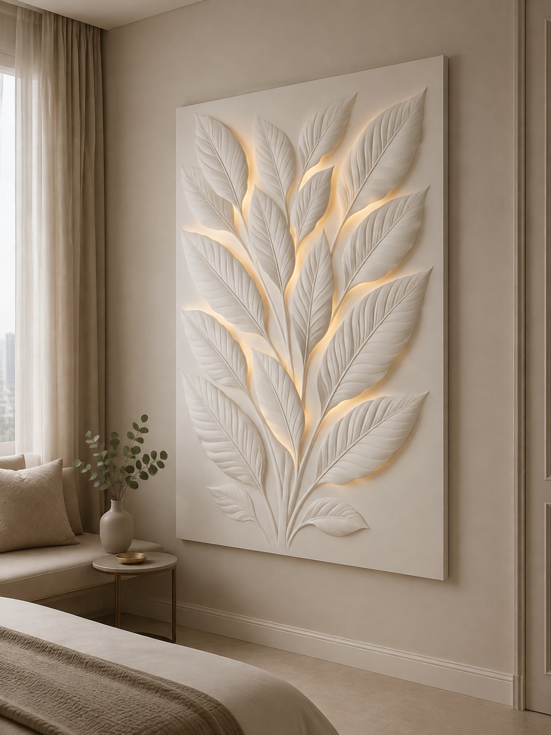 Illuminated Leaf Canopy satin white Corian wall panel, right view in a calm upscale Mumbai master-bedroom sitting lounge
