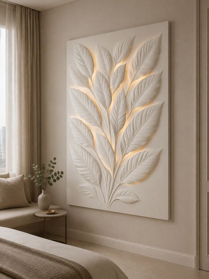 Illuminated Leaf Canopy satin white Corian wall panel, right view in a calm upscale Mumbai master-bedroom sitting lounge