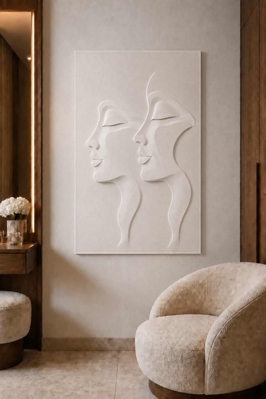 Twin Profile Passage satin white Corian wall panel, front view in a sophisticated luxury Mumbai dressing lounge