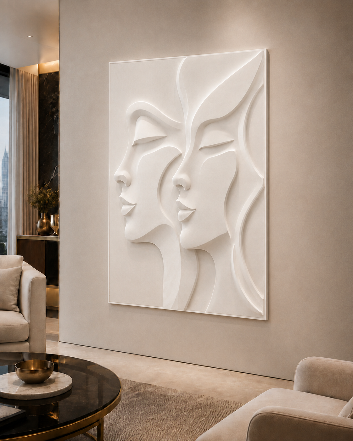Twin Profile Passage satin white Corian wall panel, left view in a contemporary luxury Mumbai formal living room