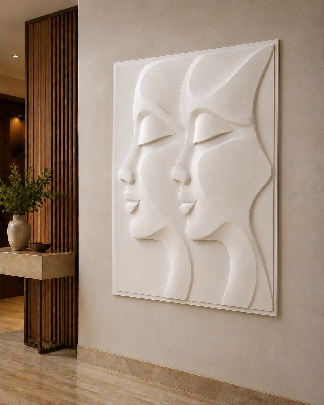 Twin Profile Passage satin white Corian wall panel, right view in a refined luxury Mumbai apartment entrance foyer