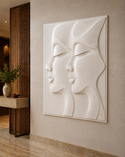 Twin Profile Passage satin white Corian wall panel, right view in a refined luxury Mumbai apartment entrance foyer
