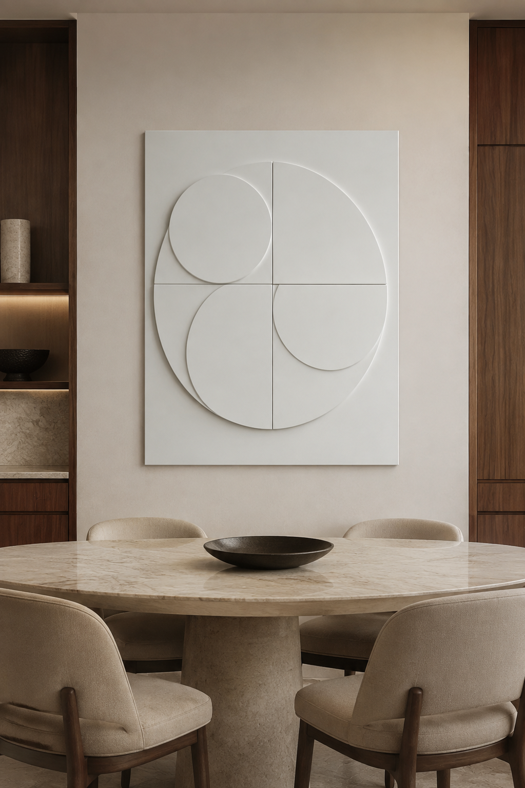 Quad Arc Balance satin white Corian wall panel, front view in a contemporary luxury Mumbai dining room