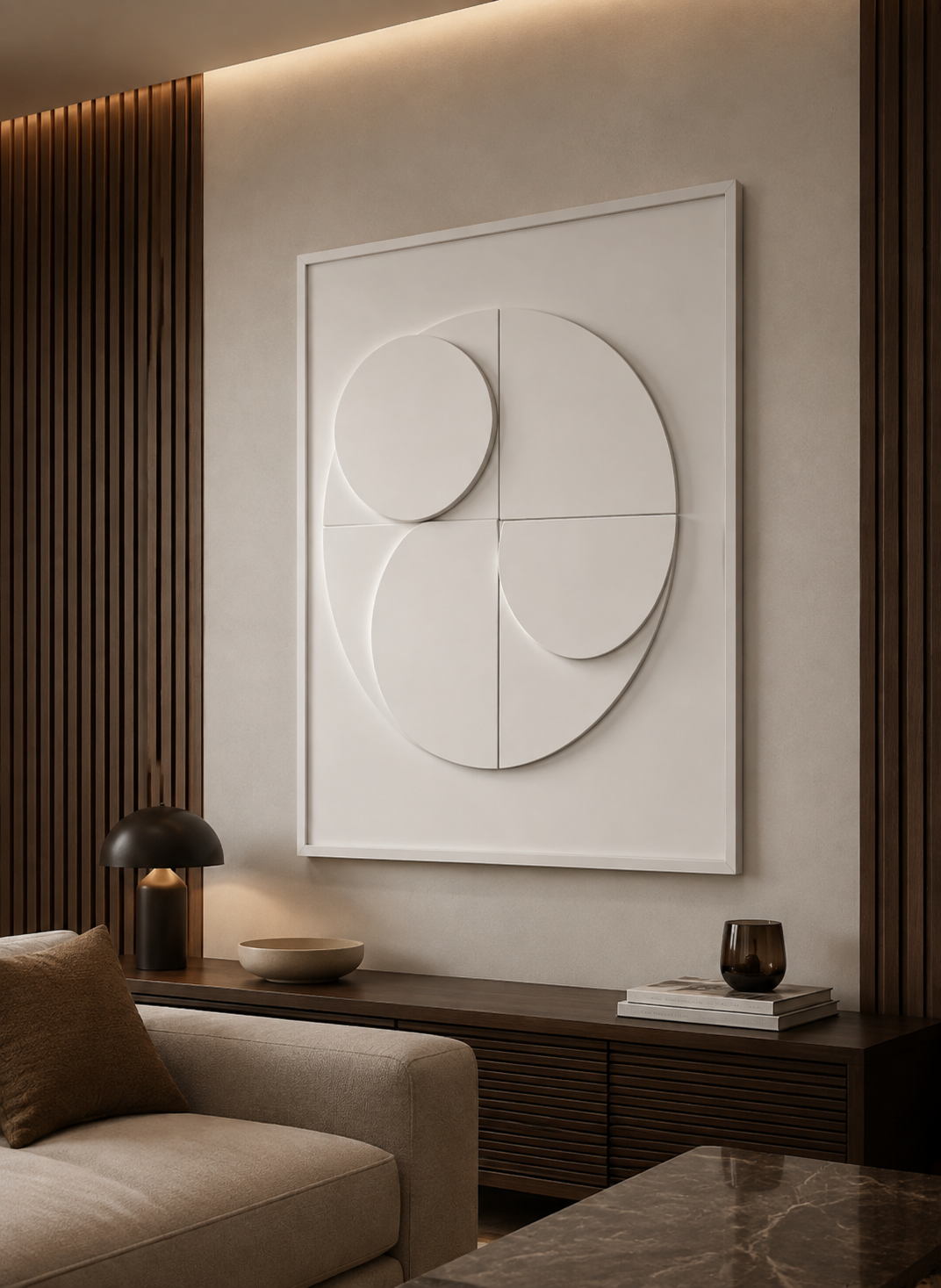 Quad Arc Balance satin white Corian wall panel, left view in an upscale Mumbai media lounge