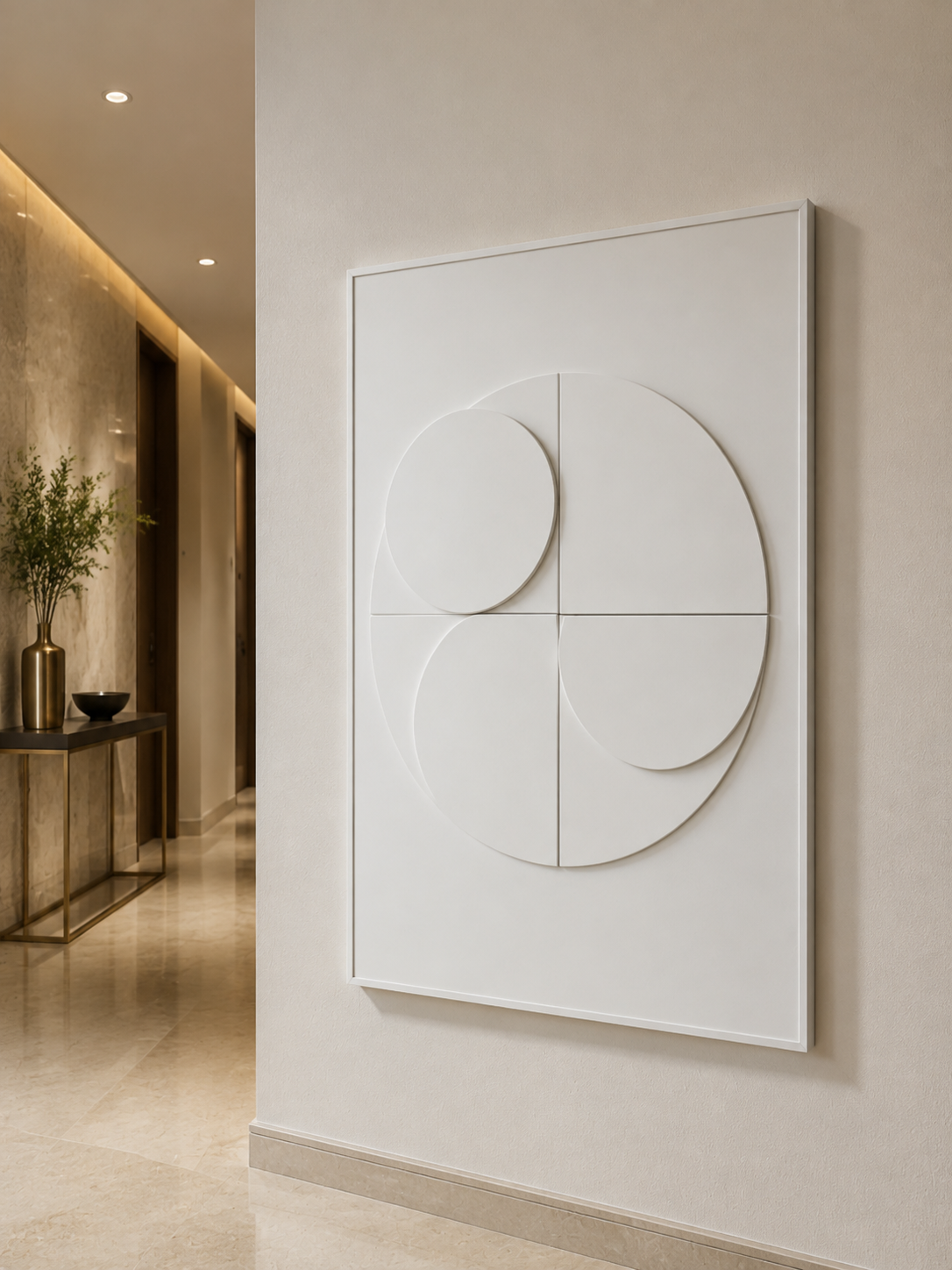 Quad Arc Balance satin white Corian wall panel, right view in a refined luxury Mumbai corridor gallery