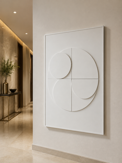 Quad Arc Balance satin white Corian wall panel, right view in a refined luxury Mumbai corridor gallery
