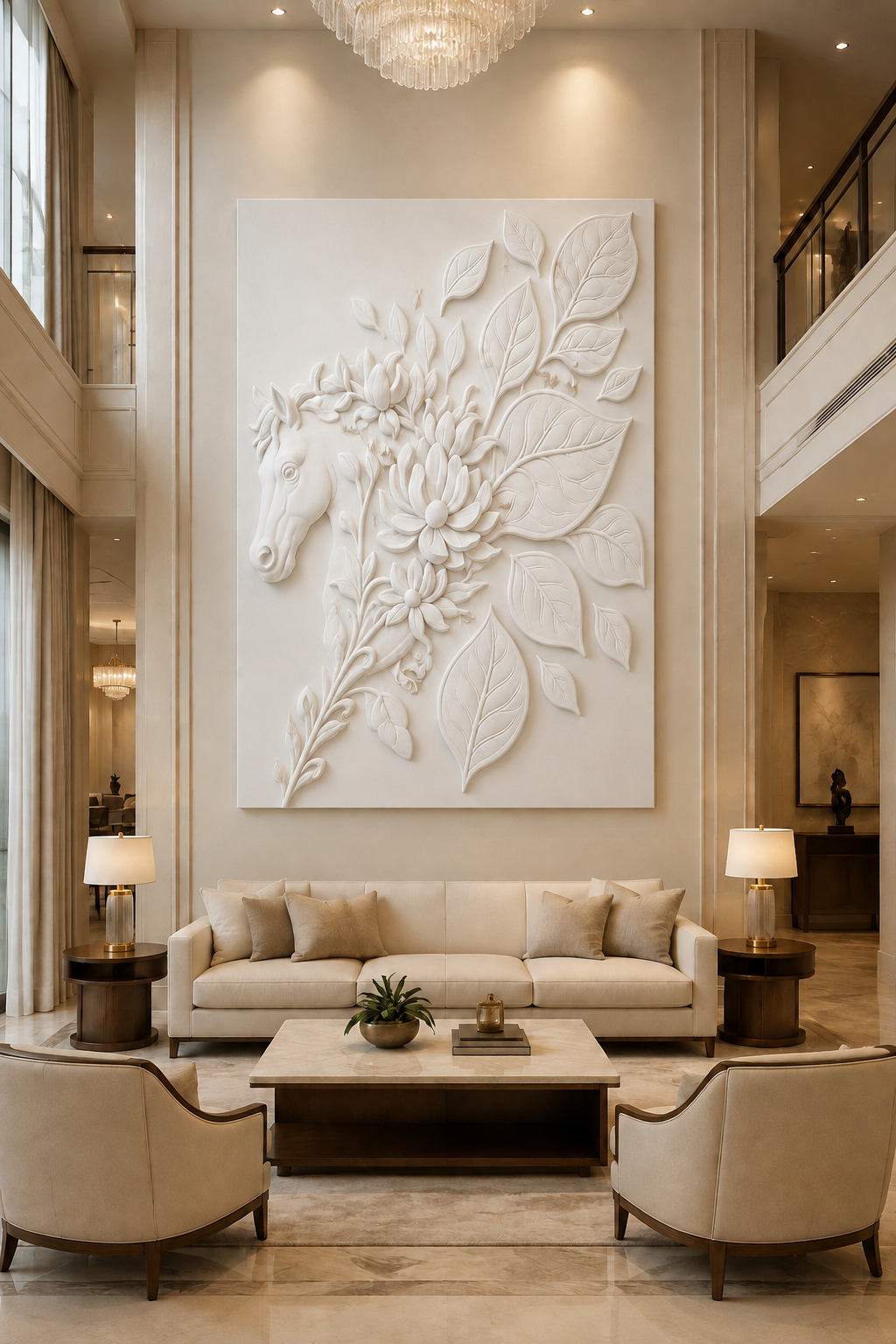 Floral Equine Reverie satin white Corian wall panel, front view in a grand luxury Mumbai duplex living room