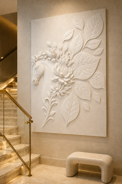 Floral Equine Reverie satin white Corian wall panel, left view in an elegant luxury Mumbai staircase landing