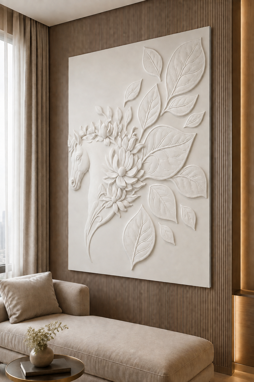 Floral Equine Reverie satin white Corian wall panel, right view in a refined upscale Mumbai master-bedroom lounge