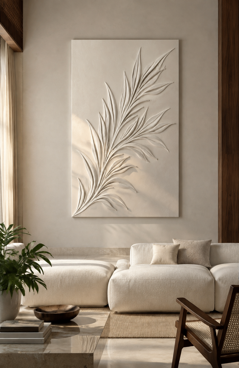 Palm Frond Sweep satin white Corian wall panel, front view in an elegant luxury Mumbai living room