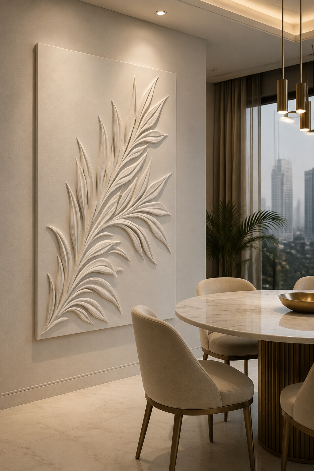 Palm Frond Sweep satin white Corian wall panel, left view in a contemporary luxury Mumbai dining room