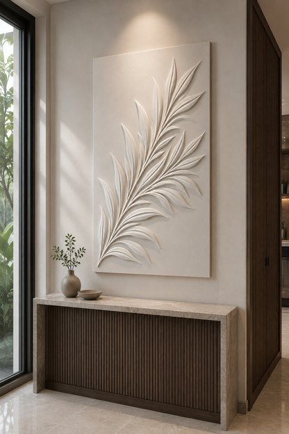 Palm Frond Sweep satin white Corian wall panel, right view in a polished upscale Mumbai entrance foyer