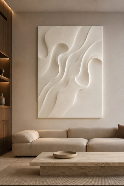 Sculpted Silk Canyon satin white Corian wall panel, front view in a serene contemporary luxury Mumbai media lounge