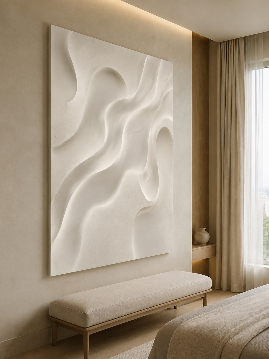 Sculpted Silk Canyon satin white Corian wall panel, left view in an elegant upscale Mumbai bedroom lounge