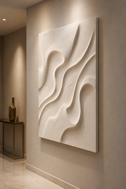 Sculpted Silk Canyon satin white Corian wall panel, right view in a refined luxury Mumbai corridor gallery