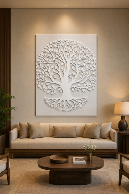 Heartleaf Tree of Life satin white Corian wall panel, front view in a warm luxury Mumbai family living room