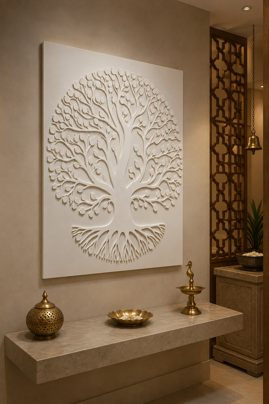 Heartleaf Tree of Life satin white Corian wall panel, left view in a serene upscale Mumbai pooja-room anteroom