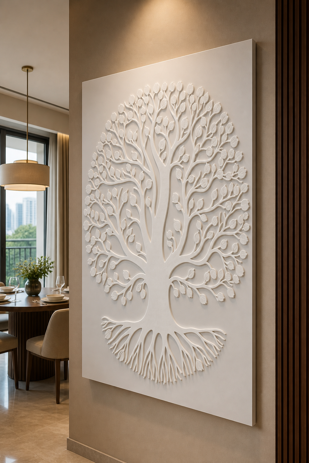 Heartleaf Tree of Life satin white Corian wall panel, right view in a refined luxury Mumbai dining foyer