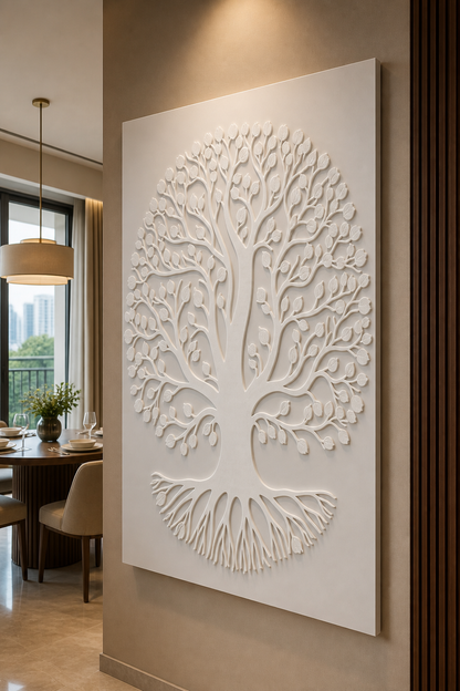 Heartleaf Tree of Life satin white Corian wall panel, right view in a refined luxury Mumbai dining foyer