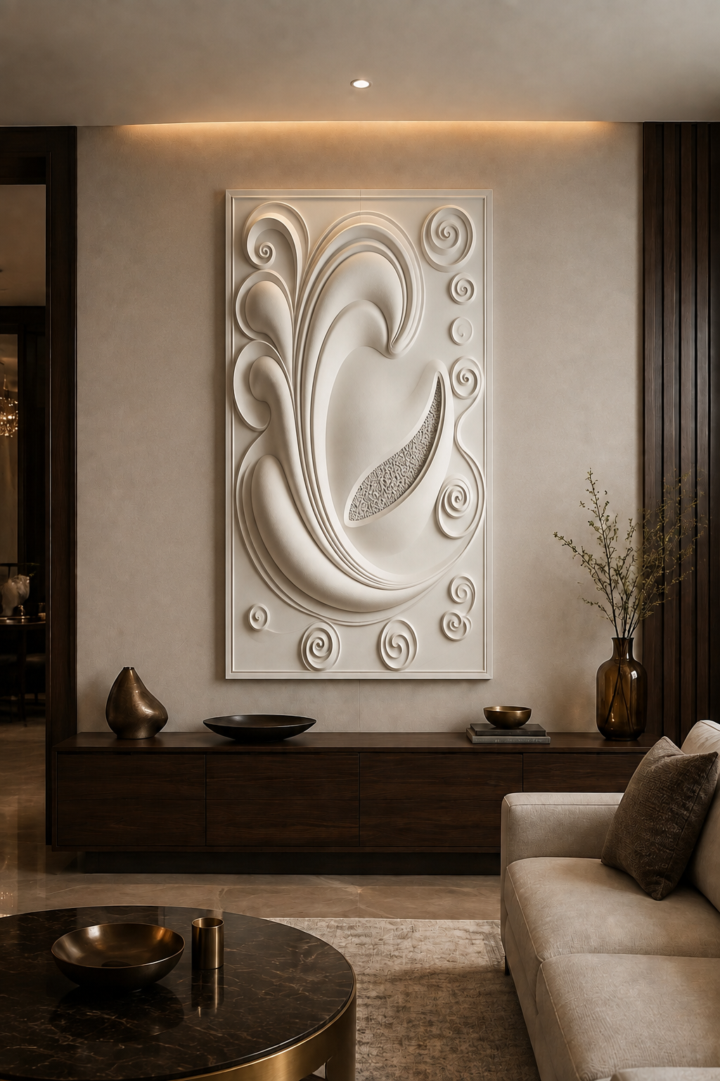 Baroque Spiral Crest satin white Corian wall panel, front view in a sophisticated luxury Mumbai formal living room