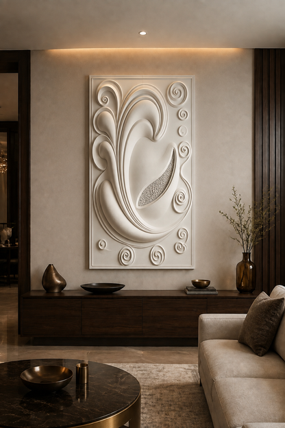 Baroque Spiral Crest satin white Corian wall panel, front view in a sophisticated luxury Mumbai formal living room