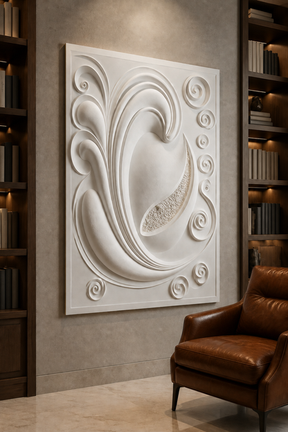 Baroque Spiral Crest satin white Corian wall panel, left view in an upscale Mumbai library lounge