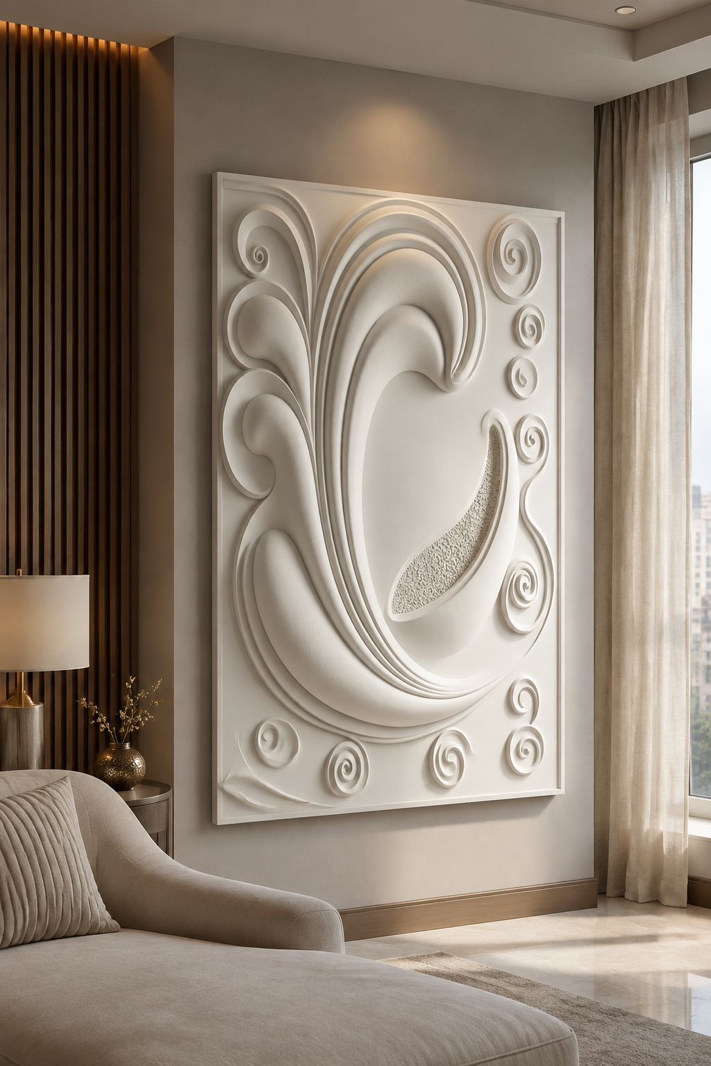 Baroque Spiral Crest satin white Corian wall panel, right view in an elegant luxury Mumbai master-bedroom sitting area