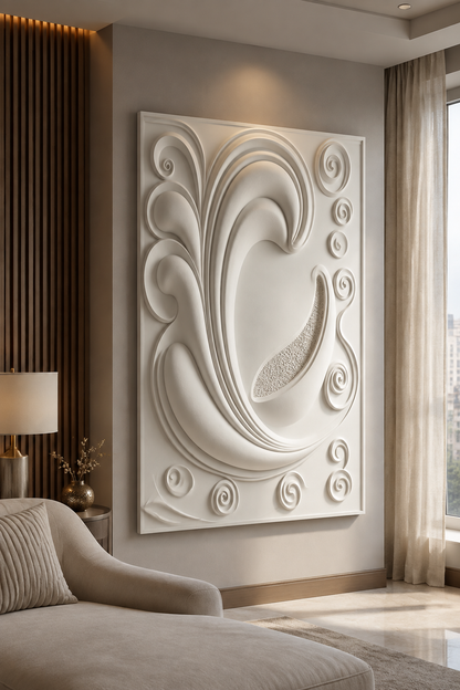 Baroque Spiral Crest satin white Corian wall panel, right view in an elegant luxury Mumbai master-bedroom sitting area