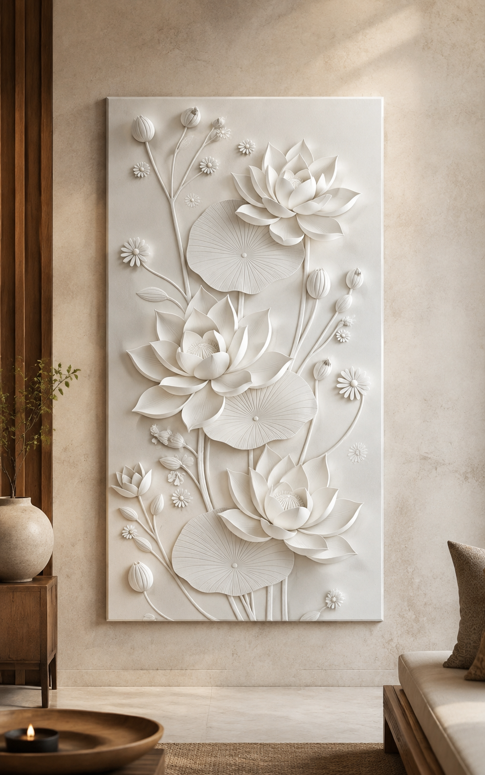 Lotus Pond Harmony satin white Corian wall panel, front view in the Malabar Hill meditation lounge