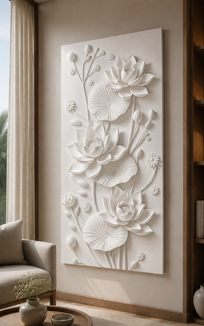 Lotus Pond Harmony satin white Corian wall panel, left view in the Juhu primary-bedroom sitting alcove